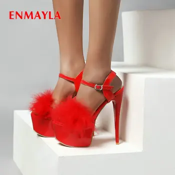 

ENMAYLA Womens Shoes Solid Feather Basic Buckle Strap PU Party Super High 2020 Women Sandals Thin Heel Platform Sandals 34-43