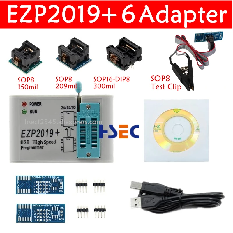 EZP2019 программатор + 6 адаптеров soic8 sop8 ic тестовый зажим 150mil 200mil SOP16 адаптеры supp EZP2010