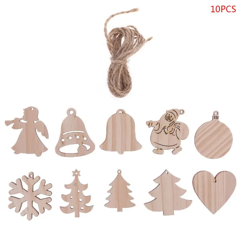 

10pcs/set Christmas Tree Bell Snowflake Santa Claus DIY Wooden Pendant Hanging Ornament DIY Crafts Party Home Decor