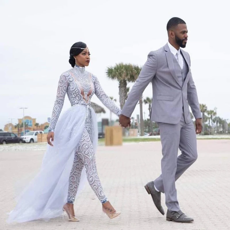2023 Wedding Dress Gorgeous Jumpsuits With Detachable Train High Neck Beads Crystal Long Sleeves Modest Dresses African Bridal
