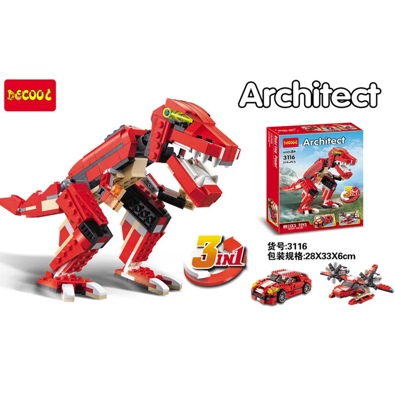 

DECOOL 3116 Three-in-One Creative Flexible Series Red Roaring Red Dinosaur Building Blocks Variety Spelling