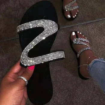 

2020 Women Summer Flat Slippers Rhinestone Shoes OpenToe Roman Beach Sandals Ladies Sexy Flip Flops Black Non-slip Slides
