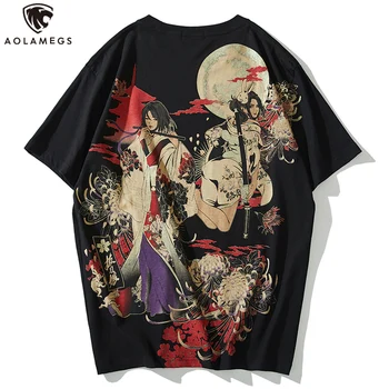 

Aolamegs T-shirts Men Japanese Retro Samurai Print T shirt Harajuku Hip Hop Tops Tee Baggy Cotton Short Sleeve Summer Streetwear