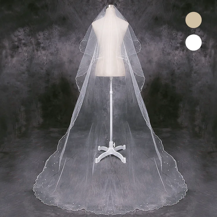 

Bride Veil T01-2. 5 Off-white Long Drag American Gauze Crescent Edge Stick Beads Veil Factory Price