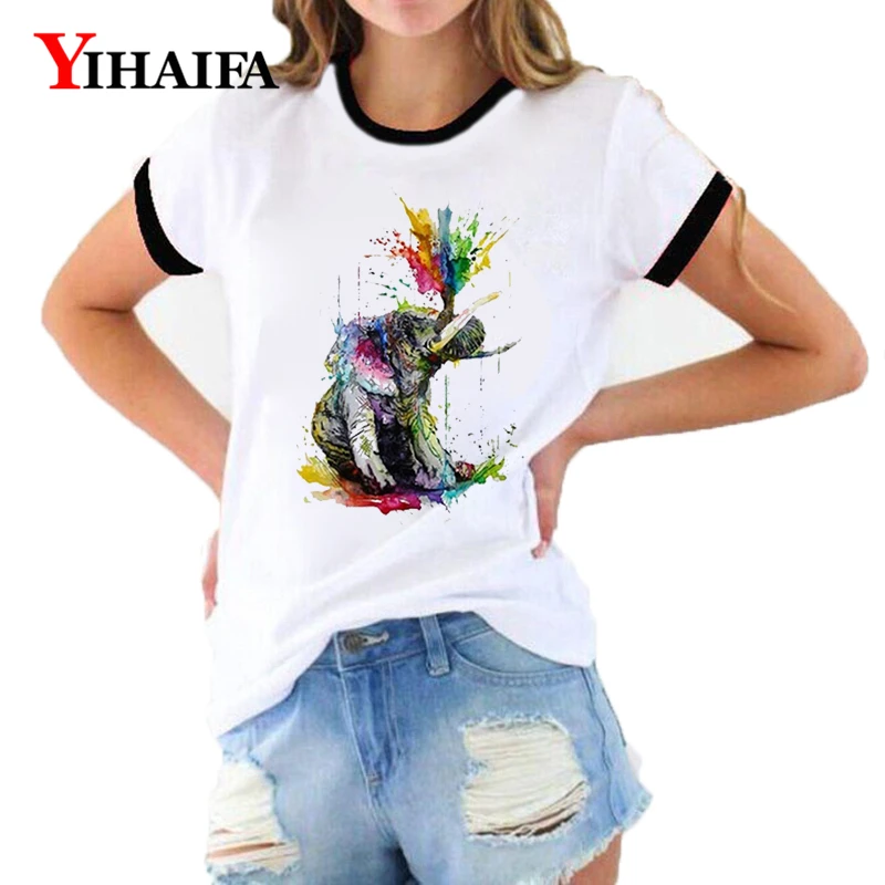 

Hipster Women T Shirts 3D Colorful Elephant Graphic Tees Animal Print Summer Short Sleeve Casual Design Unisex White Tops