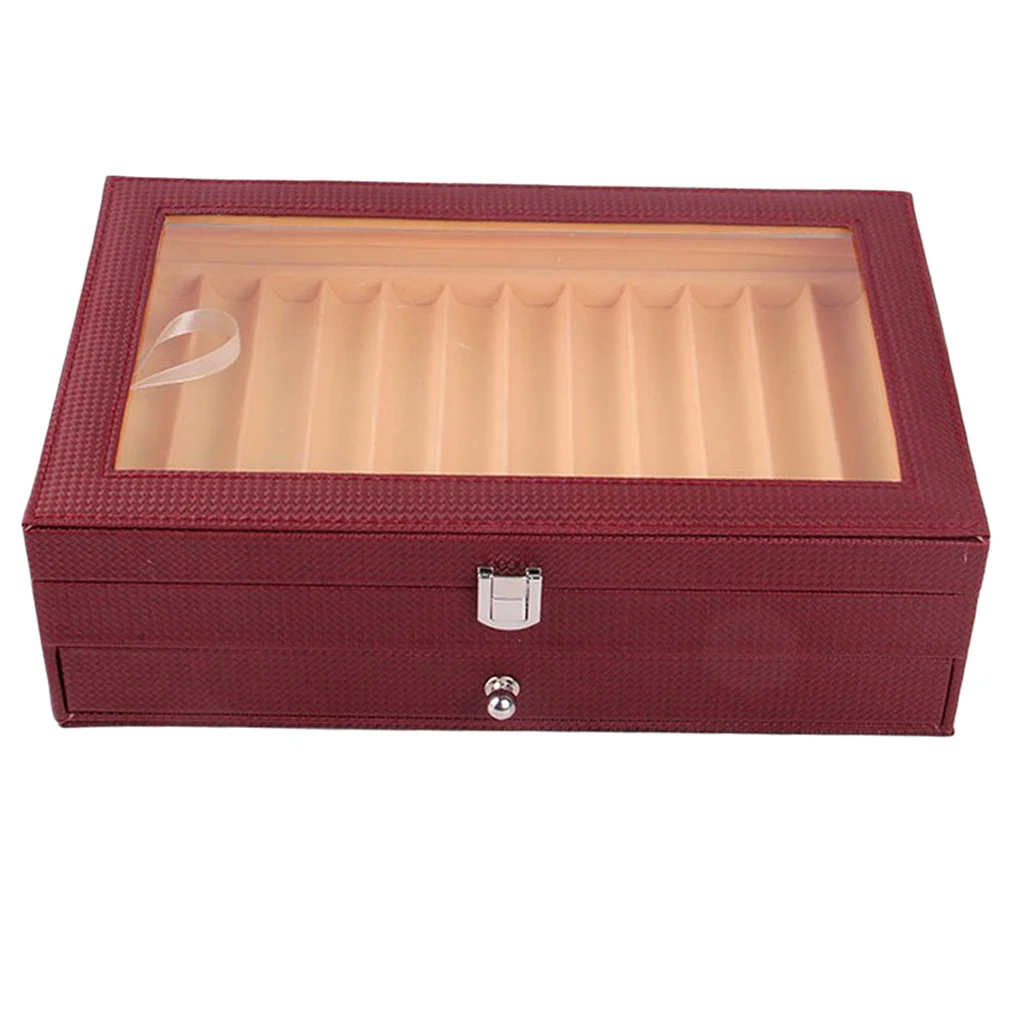 

Executive Double Drawer PU Leather 24 Fountain Pen Collector Organizer Box with Glass Window