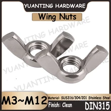 

1Piece~10Pcs DIN315 M3 M4 M5 M6 M8 M10 M12 Stainless Steel Wing Nuts Hand Tighten Nuts with Coarse Thread