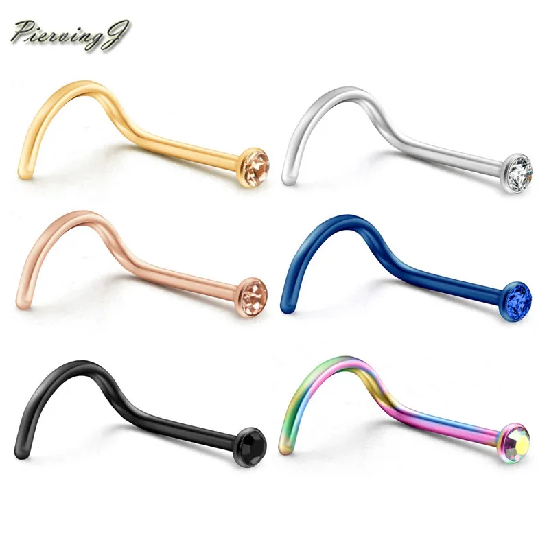PiercingJ 6pcs Mixed colors Unisex Stainless Steel Nose Ring with Zircon Nose Piercing Jewelry