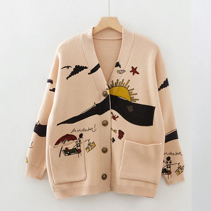 Knitted V-neck Cartoon Cardigan Women