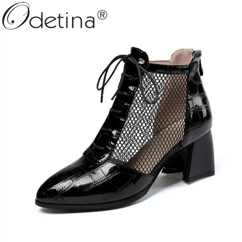 

Odetina Women New Back Zipper Soft Sole Round Toe Ankle Boots Female Cross-tied Block High Heel Air Mesh Breathable Short Boots