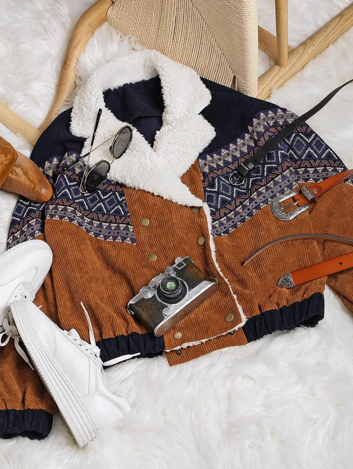 Ideal  ZAFUL Jacket Coats Women Autumn Spring Vintage Outwear Tunic Double Breasted Tribal Print Faux Shea