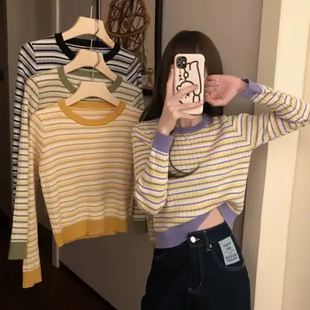 

Knit Top Stripe Cropped Sweater Women New Autumn O Neck Long Sleeve Knitted Pullover Sweater Top Vintage Ladies Basic Sweater