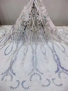 

silver african wedding lace fabric high quality african Nigerian net lace fabric with sequins embroidery lace dress