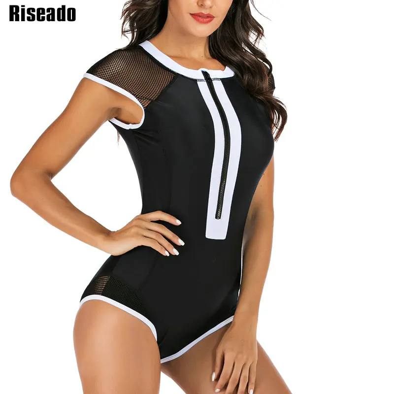 Riseado Patchwork One Piece Swimsuit Sexy Mesh Rash Guard Surfing Suits 2021 Swimwear Women Short-sleeved Summer Beach Wear