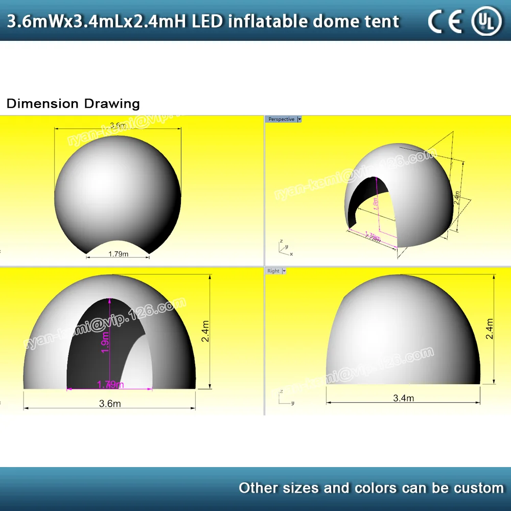 3.6 3.4 2.4m white small inflatable igloo tent for party wedding with color changing LED inflatable dome for outdoor events size drawing