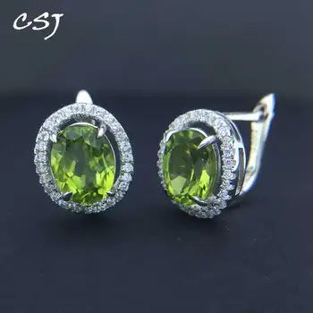買取 Csj高貴な自然なペリドットイヤリングスターリングシルバー925オーバル7*9ミリメートル宝石ファインジュエリー女性のためのパーティーギフト