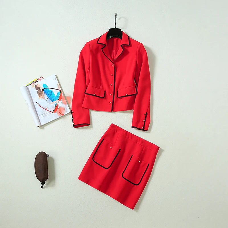 

HIGH QUALITY New Stylish Fall Winter 2019 Designer Women's Turn-Down Collar Black Red Short Blazer Jacket And Mini Skirt Set