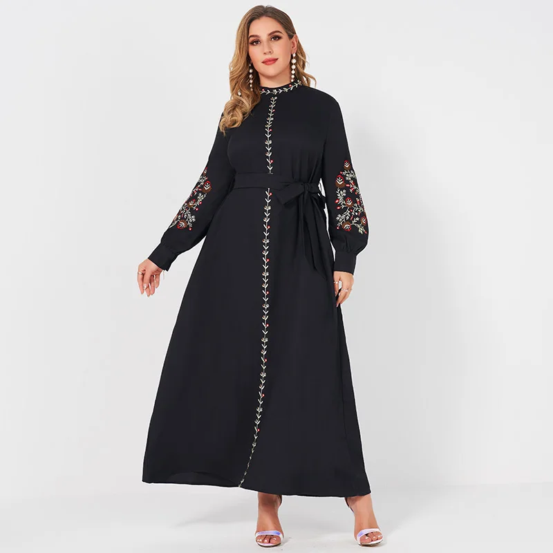 2022 New Summer Dress Woman Plus Size Black Resort Small Stand Collar Floral Embroidery Long Sleeve Loose Sashes Elegant Robes |