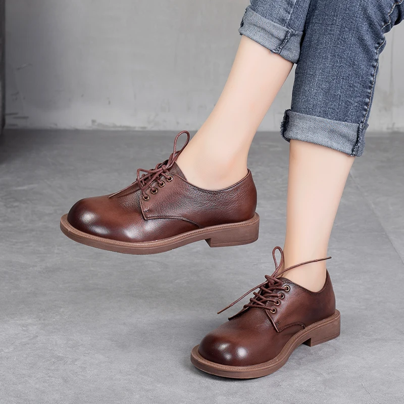 

Genuine Leather Women's Shoes Big Head Leather Shoes Round Toe 2021 Spring Autumn Student woman Single Shoes Deep-Mouth Shoes