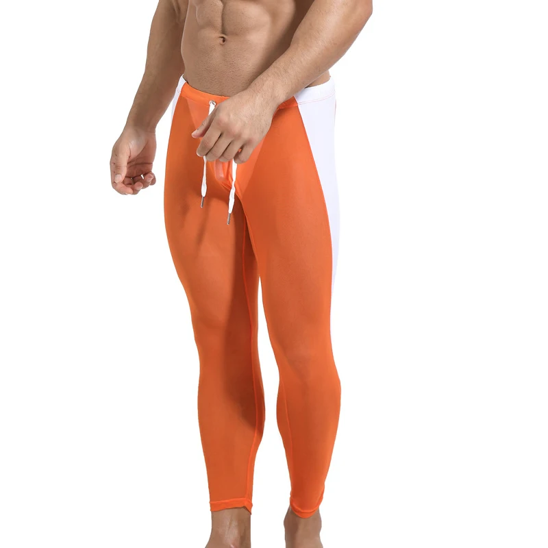 Мужские длинные штаны, тонкое нейлоновое прозрачное сексуальное нижнее белье для геев, мужские обтягивающие леггинсы, кальсоны, обтягивающие штаны для фитнеса, верховой езды, сна - Цвет: Оранжевый