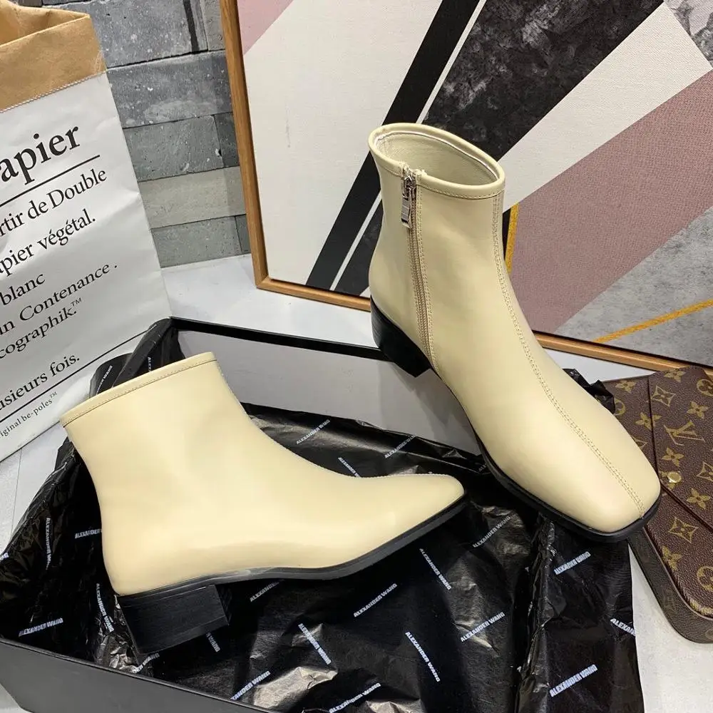 Brand Design Women Ankle Boots Med Heel Square Autumn Winter Square Toe Boots Women Zipper Boots with 3 Colors 4cm Heel Height