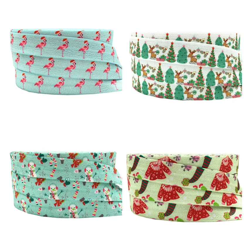 

10Yard 16mm Christmas printed Flamingo snowman llama fold over elastic FOE Handmade Accessories DIY Hair tie Party Decor ribbon