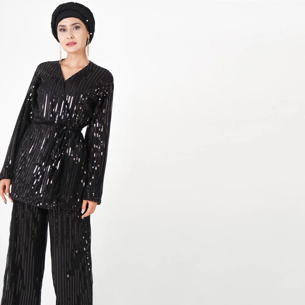 Dromiya Two Piece Set Women Roupas Sequin Abaya Dubai Muslim Tops Femme 2 Pieces Pantalon Two Piece Set Top And Pants