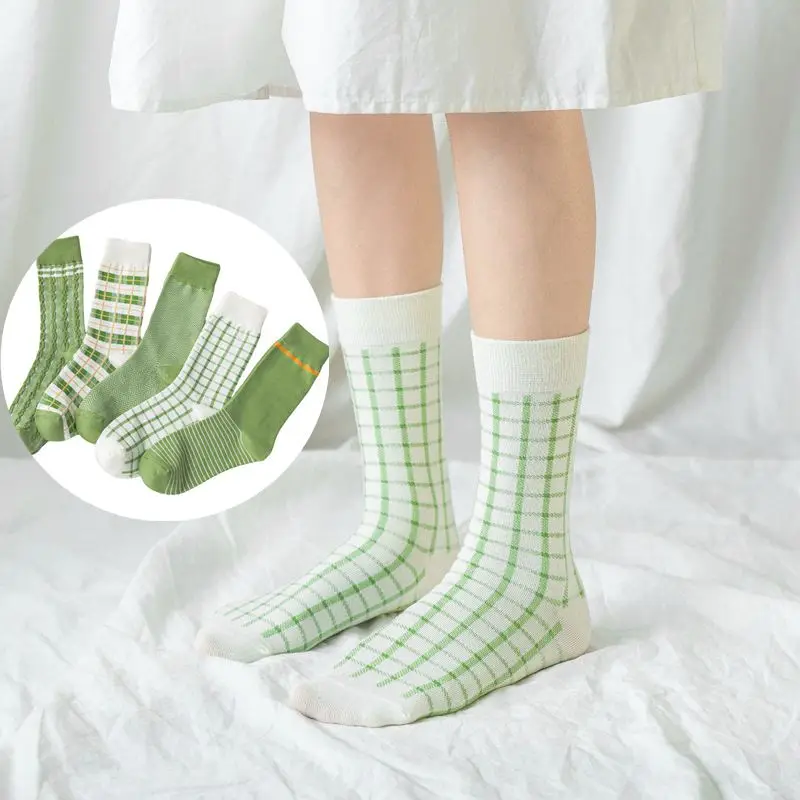 

Matcha Checked Striped Socks Crew Socks sweet Girl Cotton Casual Thermal Harajuku Style Slipper Socks Green Small Fresh Cozy