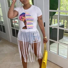 

Women Summer Fashion 2021 Casual Short-sleeved Printed Tassel T-shirt Tops Indie Style White Black African Clothing Wholesale