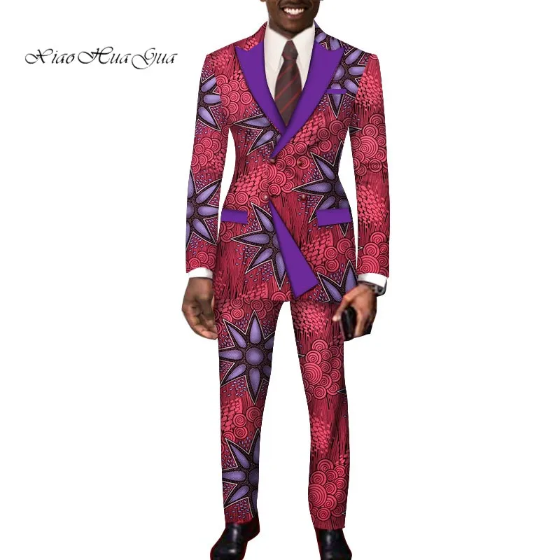 Дашики Базен Riche повседневные Костюмы Блейзер и брюки комплект формальный высококачественный Африканский батик печати Мужская модная одежда wyn252