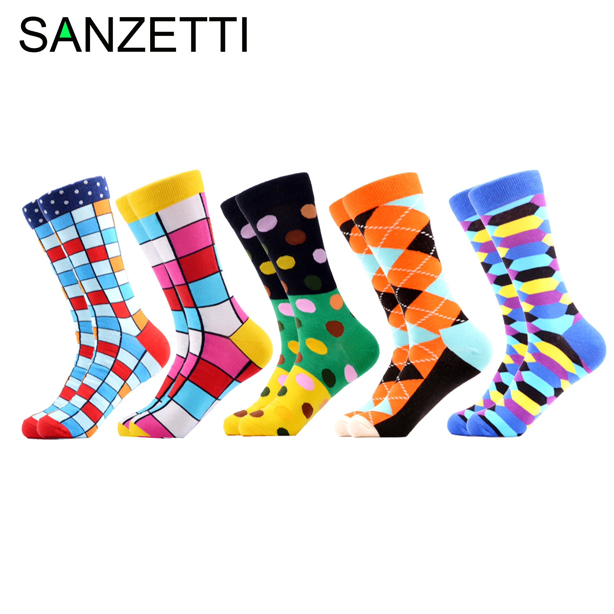 SANZETTI, 5 пар/партия, мужские зимние повседневные цветные носки с надписью Happy Crew, новинка в стиле хип-хоп, креативные носки высокого качества из чесаного хлопка