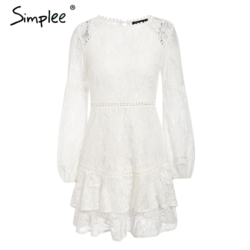 Simplee Elegant lace transparent dress Puff sleeve floral long sleeve white dress High waist ruffle office lady autumn vestidos - Цвет: Белый