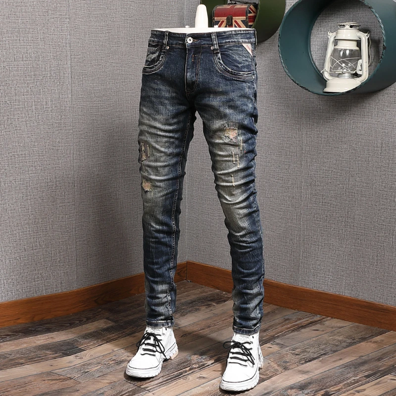 Pantalones vaqueros a la moda de estilo para hombre de alta calidad Retro Negro Azul Slim Fit Jeans rasgados Vintage diseñador Patchwork pantalones de mezclilla para hombre|Pantalones vaqueros| - AliExpress
