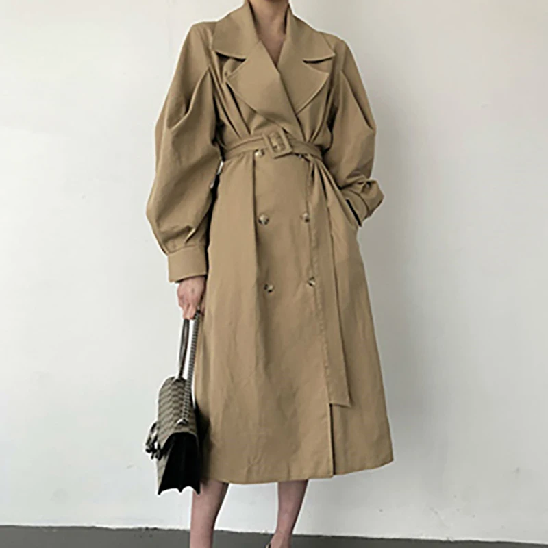 Длинное женское пальто, осенне-зимний Тренч, винтажное однотонное тонкое двубортное пальто, элегантный Тренч, повседневная женская верхняя одежда