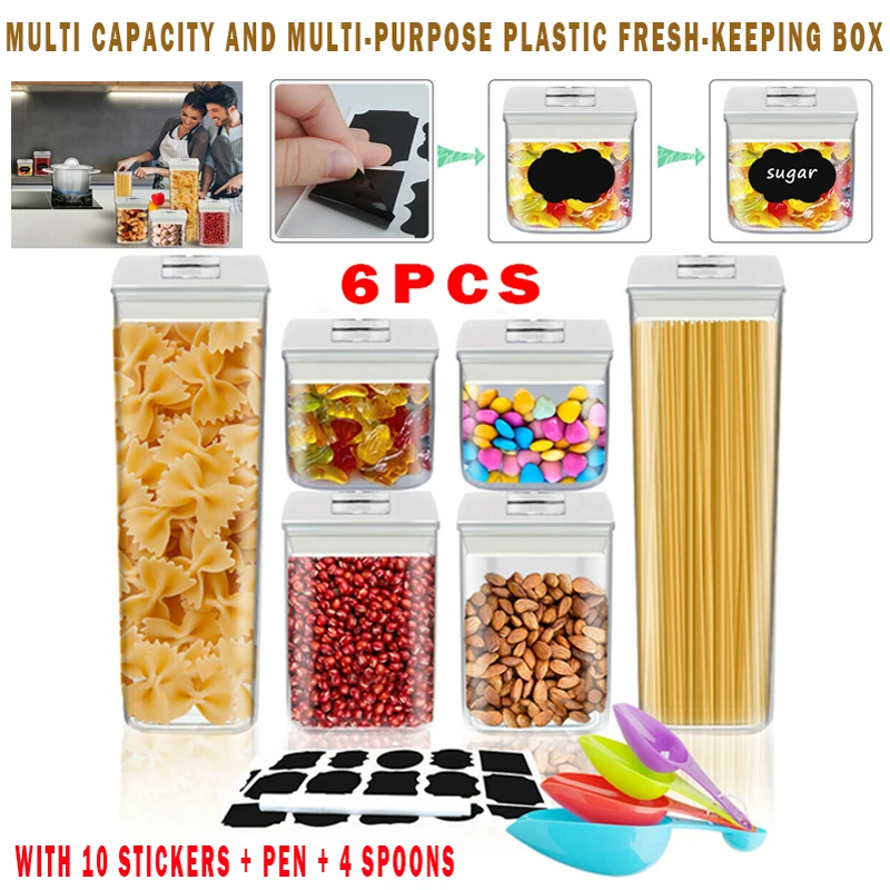 

6Pcs 1.9L 1.2L 0.5L Airtight Dry Food Containers Set Kitchen Stackable Cereal Can with Lid Home Kitchen Transparent Sealed Cans