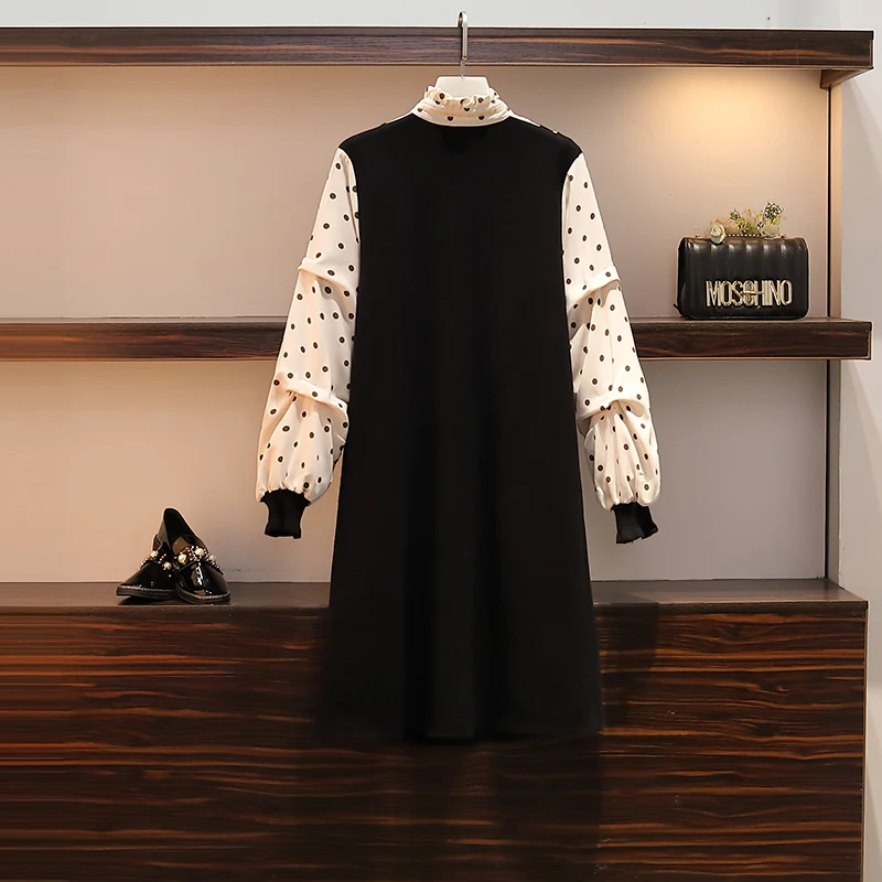 XL-5XL размера плюс, женское теплое платье-свитер, зима, корейская мода, узор в горошек, длинный рукав, пэчворк, женские вязаные платья