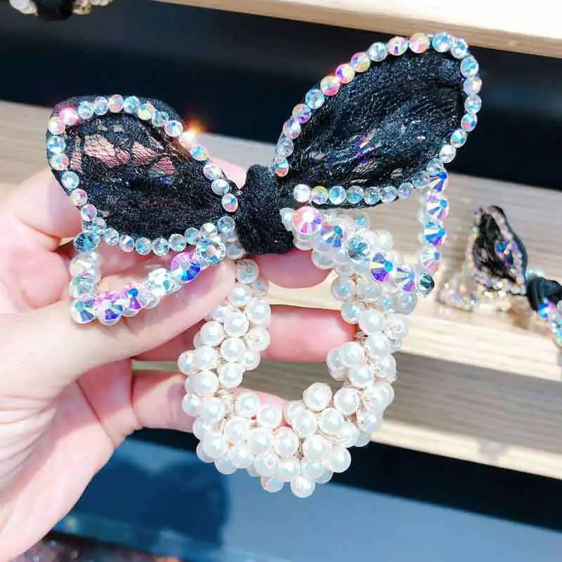 Korean Lace Rabbit Bunny Ears Bow Elastic Hair Bands Pearl Flash Crystal Girls Hairbands for Women Jewelry Rhinestone Headpiece janevini luxury gold crystal wedding flowers bridal bouquets elegant pearl bride bouquet rose artificielle rhinestone jewelry