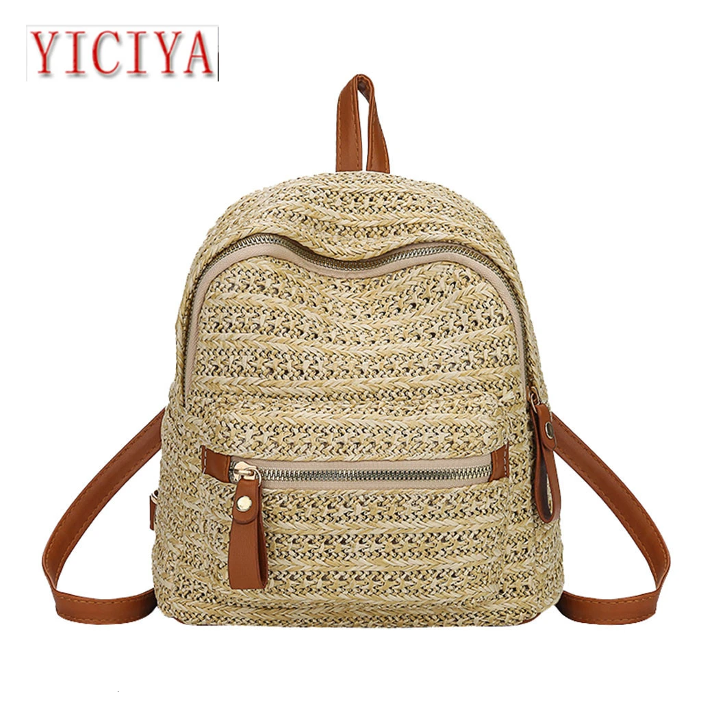 

YICIYA Straw Women Backpack Chain Mini Shoulder Bags Weave Hollow Beach Girls Satchel Schoolbag Female Small dual belt Backpack
