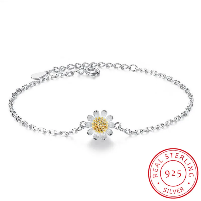 2019 Real Pure 925 Sterling Silver Daisy Flower Bracelets For Women pulsera de plata Drop Shipping