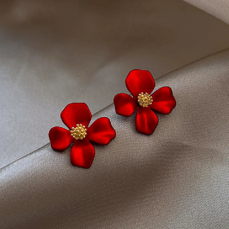 S925 Silver Flower Earrings Red Petals Net Red Temperament Cute Small Flower for Female Jewelry flower earrings