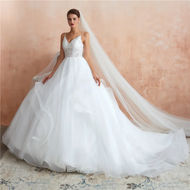

In Stock Tulle Spaghetti Straps V-Neck Ruffles Vestidos de novia Mariage Robe mariage Trouwjurk Plus size wedding dress 34369