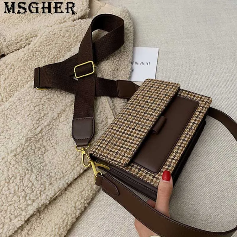 Female Bag Canvas-Belt Shoulder-Bag French-Style Women Flap Panelled Plaid MSGHER WB3250