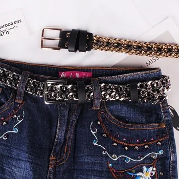 

Wide Alloy Chain Waist Belt Women European Punk Non-pin Jean Waistband Weaving waist chain Silver Gold Metallic Belt Jean Dress