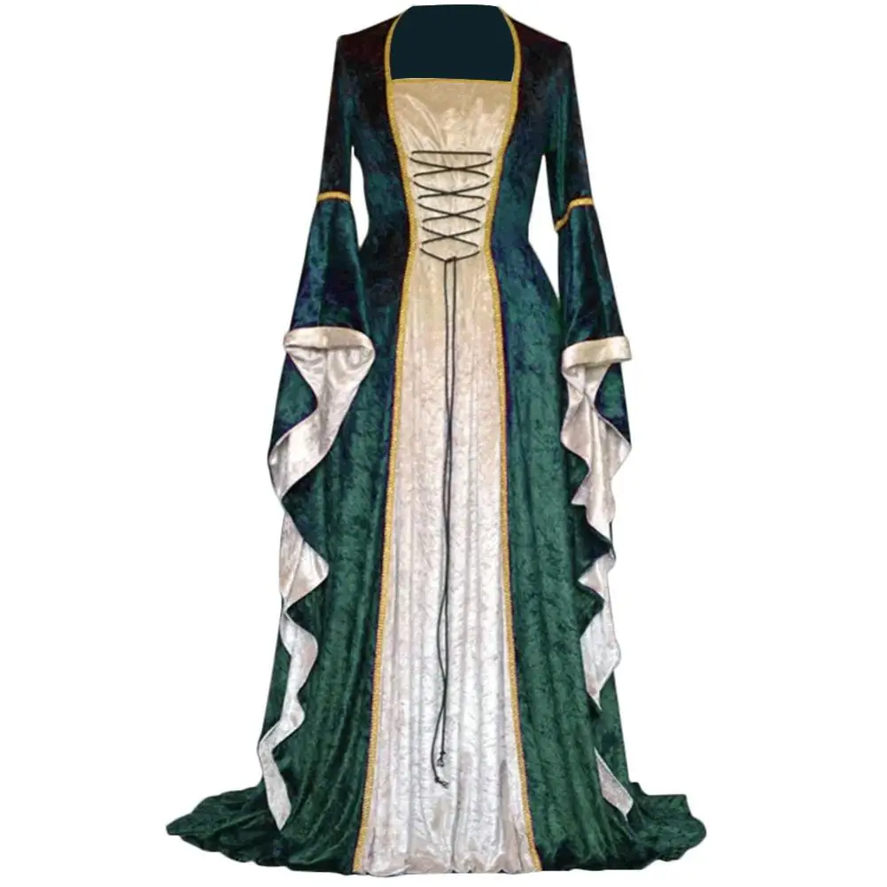 

Vintage Medieval Women Bandage Square Neck Long Trumpet Sleeve Maxi Swing Dress for Halloween