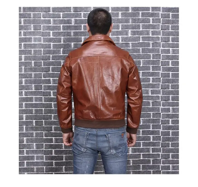 Brown Men Double Pockets Pilot Leather Jacket Large Size XXXL Genuine Cowhide Autumn Military Aviator Leather Coat