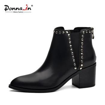 

Donna-in 2020 Autumn Women Genuine Leather Chelsea Boots Thick High Heels Ankle Booties Fashion Rivet Handmade Ladies Shoes