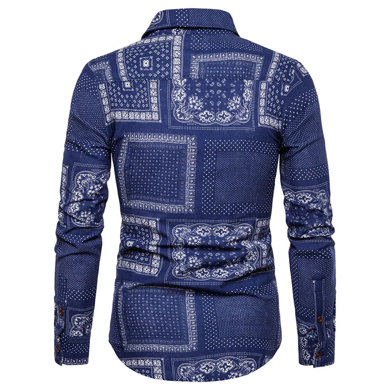 Брендовая мужская повседневная рубашка Camisa Social Masculina ретро цветочный принт мужские рубашки облегающие льняные рубашки с длинным рукавом для мужчин