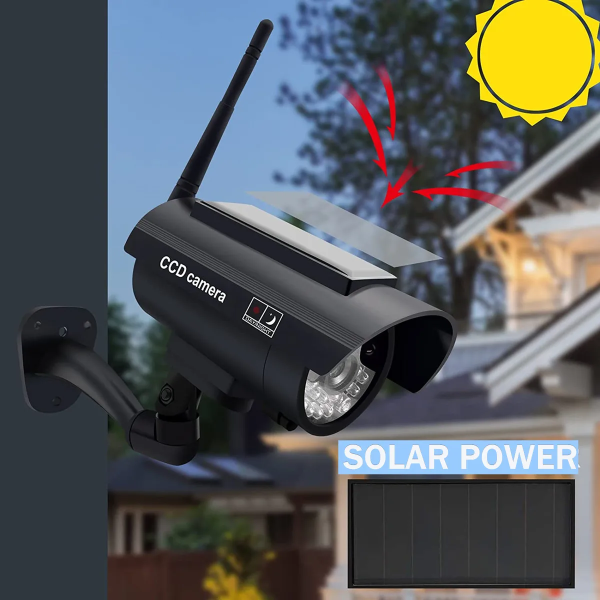 Fake Dome Security Camera With Solar Panel - Realistic Dummy Surveillance Camera With Blinking LED For Outdoor Use