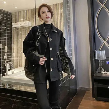 

Black Denim Jacket Women 2020 Spring Heavy Industry Fashion Hot Diamond Loose Stitching Contrast color Tooling Coat Lady Top 469