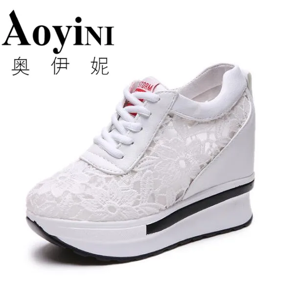 

Women Wedge Platform Rubber Brogue Leather Lace Up High heel Shoes Pointed Toe Increasing Creepers White Black Sneakers